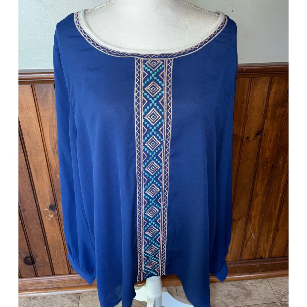NWT Umgee Womens Blue Embroidered Long Sleeve Flowy Blouse Buttons 2XL